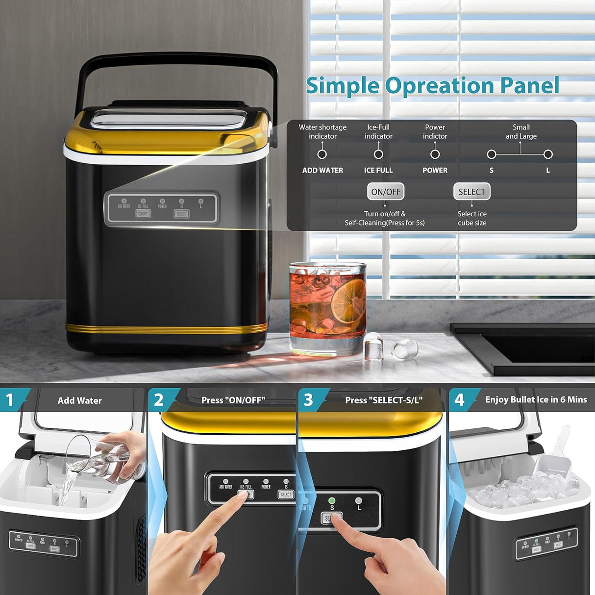 Máquina de Hielo Portátil Compacta, Auto Limpieza, 26lbs/24hrs