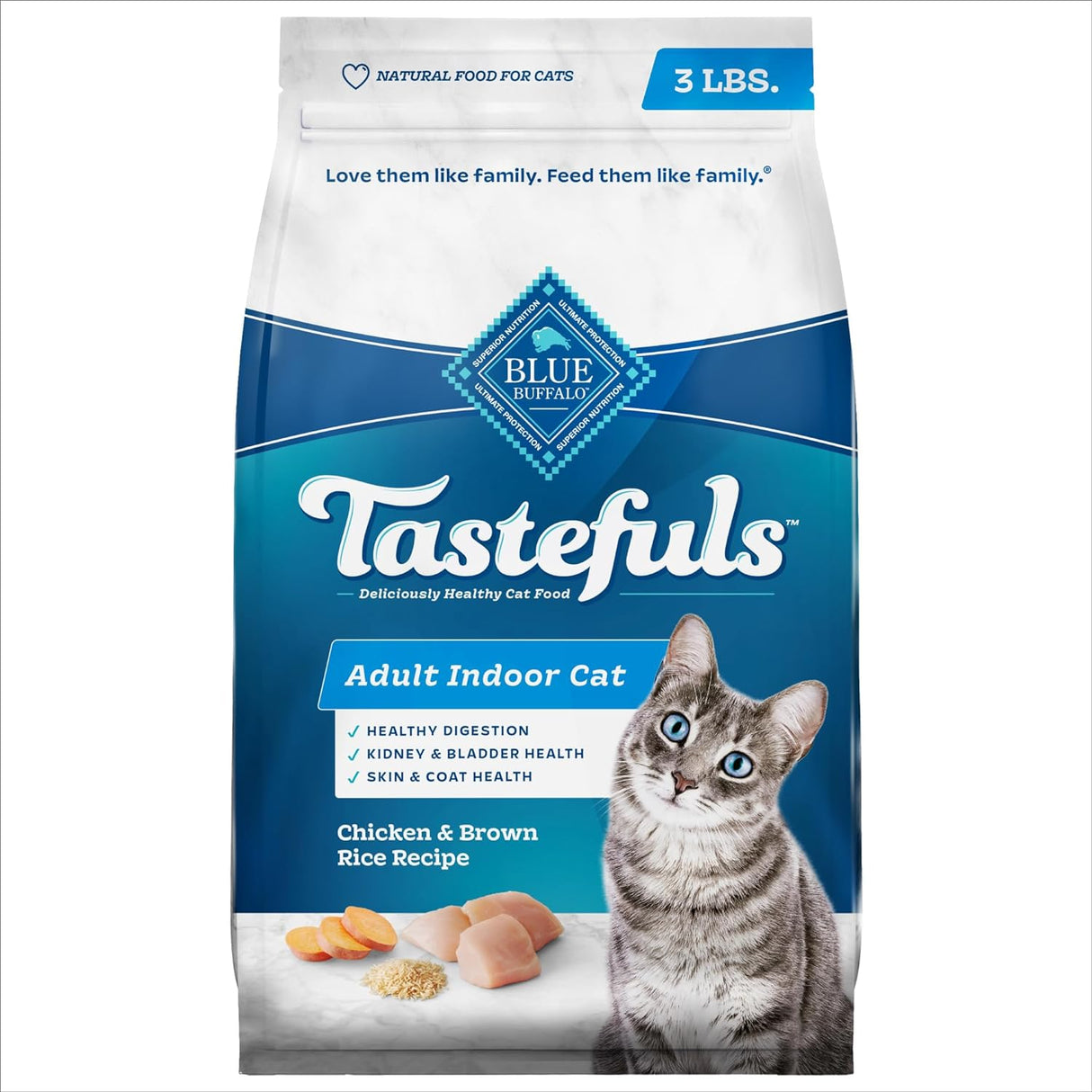 Blue Buffalo Tastefuls Indoor Natural - Alimento seco para gatos adultos, bolsa de pollo de 3 libras