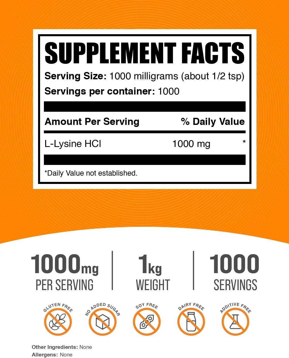 L-Lisina en polvo BulkSupplements, 1000mg, 1kg, Inmunidad