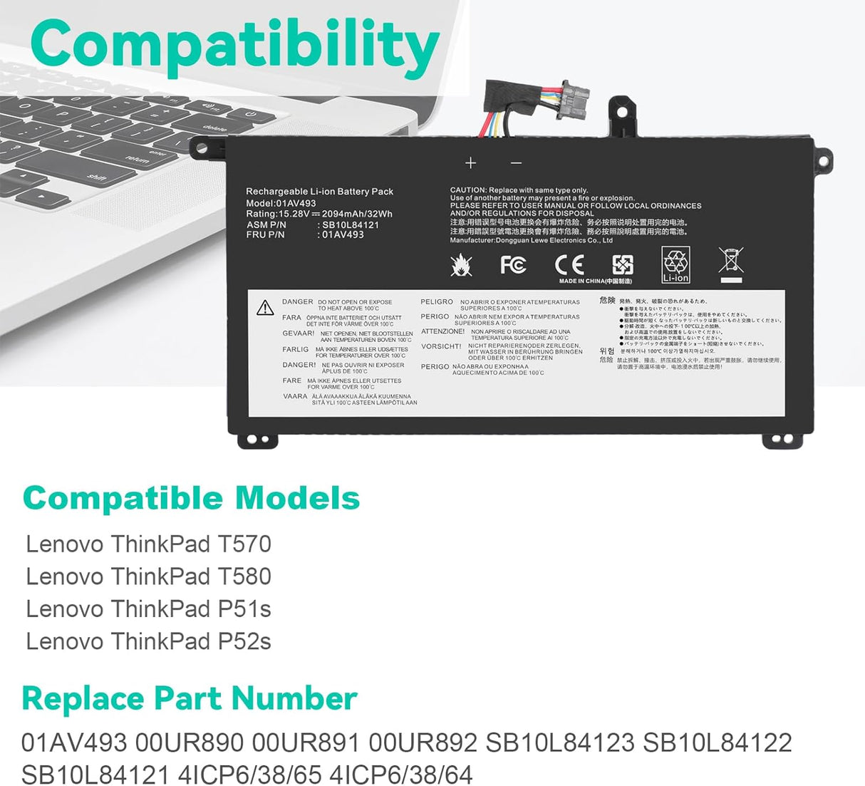 Reemplazo de batería para Lenovo ThinkPad T570 T580 P51S P52S