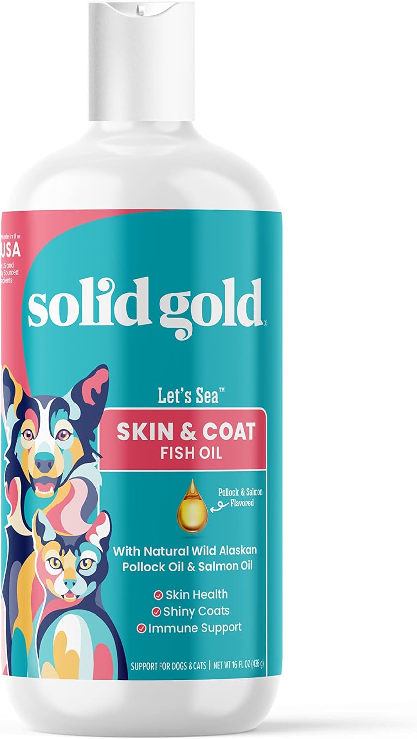 Solid Gold Aceite de pescado para perros y gatos – Aceite de salmón salvaje de Alaska para apoyo de la piel y el pelaje de perros – Mezcla de aceite de abadejo Omega 3 y ácidos grasos con EPA y DHA