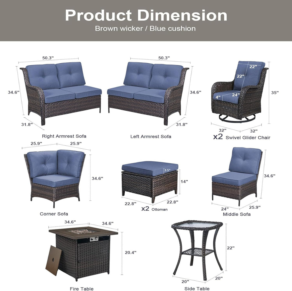 Belord Juego de sofá seccional para exteriores con mesa para fogata de propano, juego de conversación de mimbre para patio con 2 sillas giratorias mecedoras, cojín azul, perfecto para reuniones
