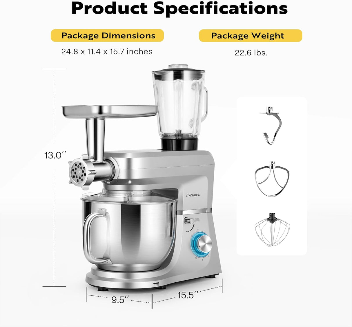 Batidora Multifuncional VIVOHOME 6 en 1 8.5qt 660W 10 Velocidades