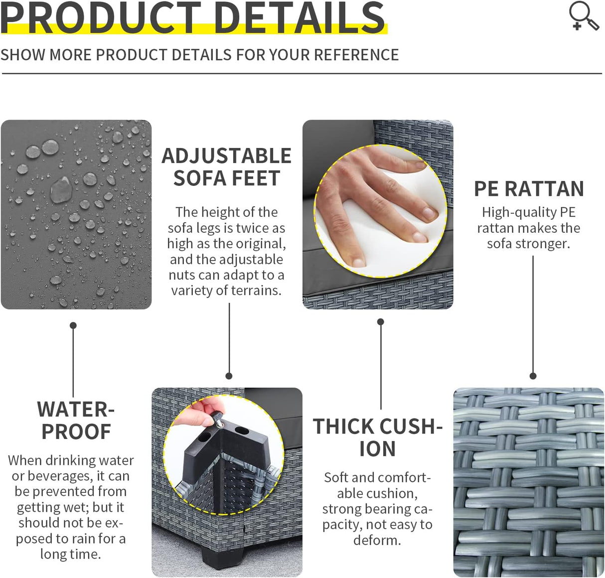 Lviden Juego de muebles de mimbre para patio de 4 piezas, juego de conversación al aire libre, sofá seccional de ratán PE con mesa de almacenamiento y cojines grises