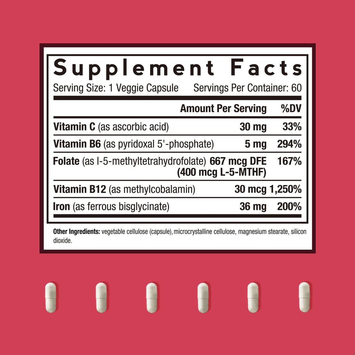 Suplemento de hierro con vitamina C B6 folato y B12