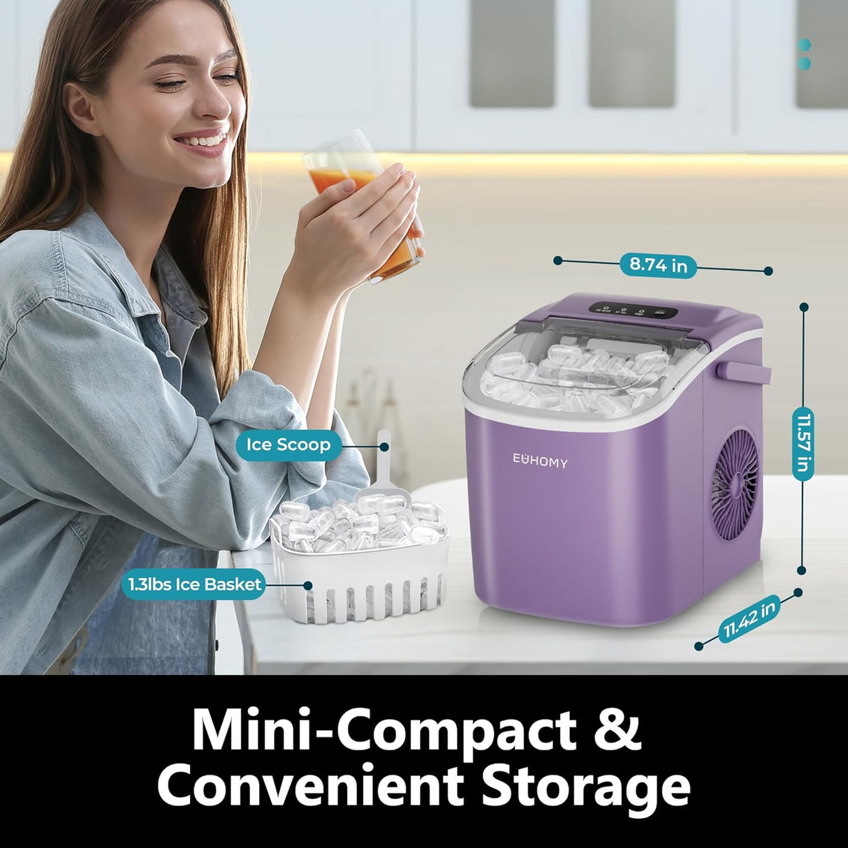 Máquina de Hielo EUHOMY 26lbs/día, 9 cubos en 6 mins, portátil