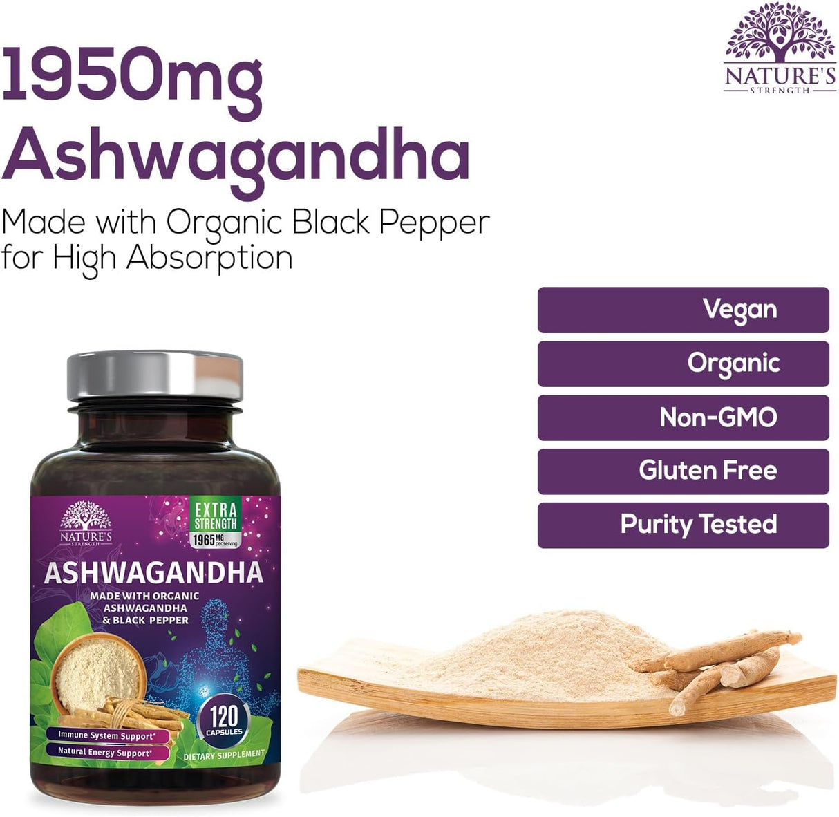 Suplemento Orgánico de Ashwagandha 1950 mg - 120 Cápsulas