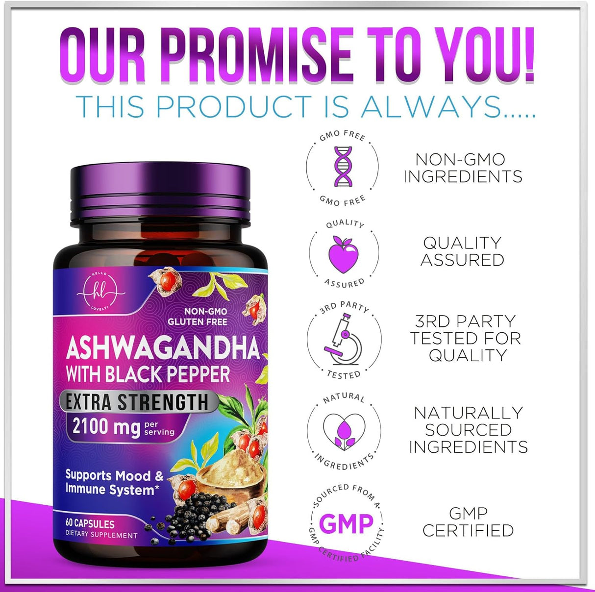 Suplementos de Ashwagandha - 2100 mg, Antioxidante, 60 cápsulas