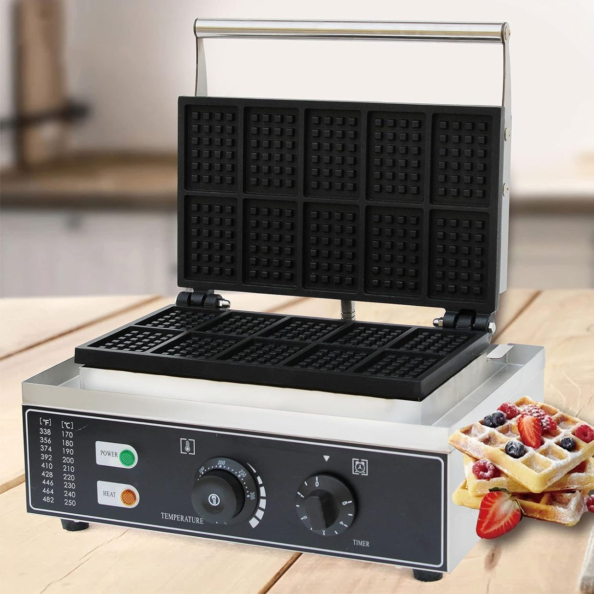 Máquina de waffles 10 rebanadas, marca comercial, 110V, antiadherente