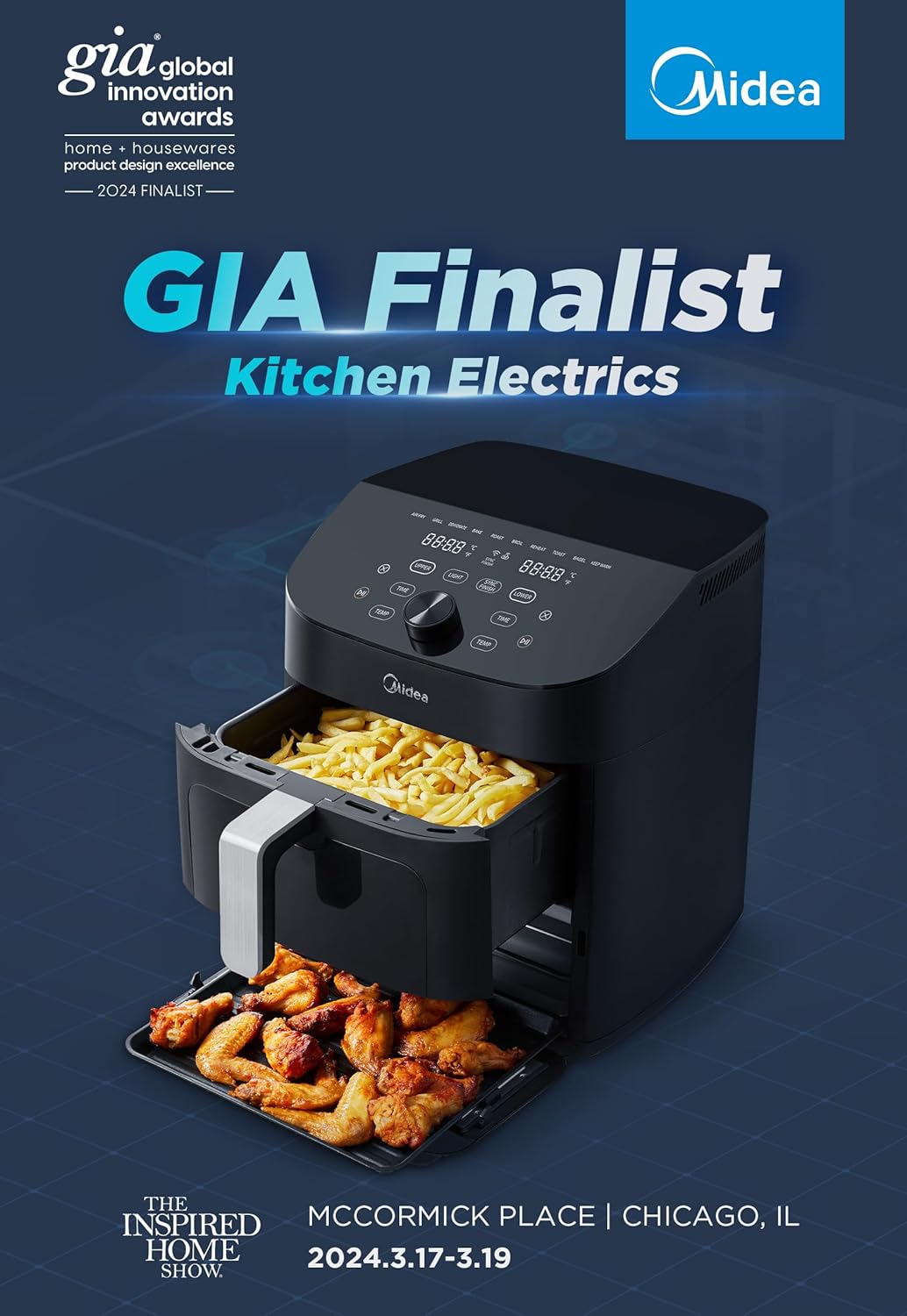 Freidora de aire Midea 11 QT, 8 en 1, Wi-Fi, Alexa, Recetas