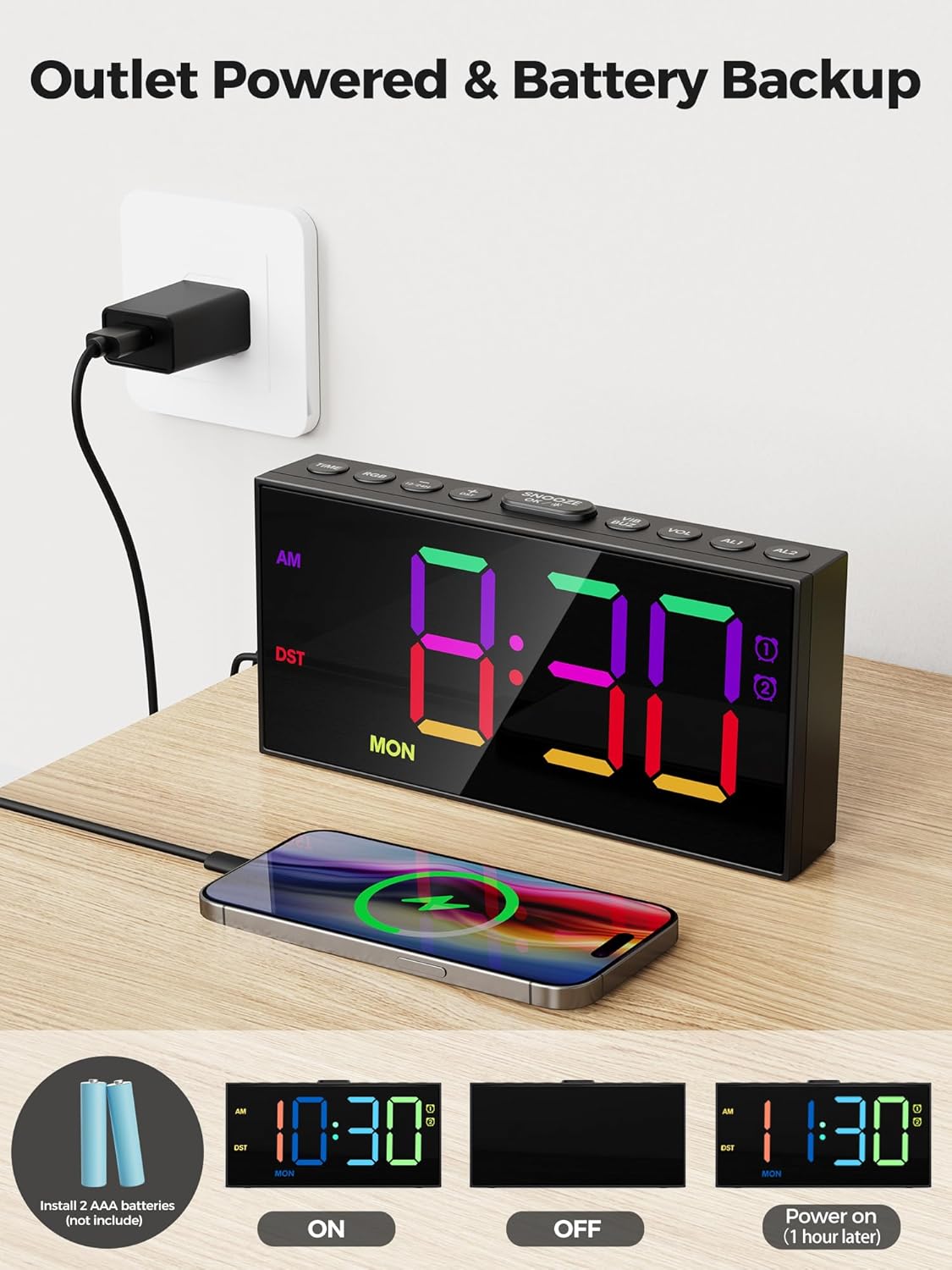 Reloj Despertador Digital RGB, Números Grandes, USB, Ajustable