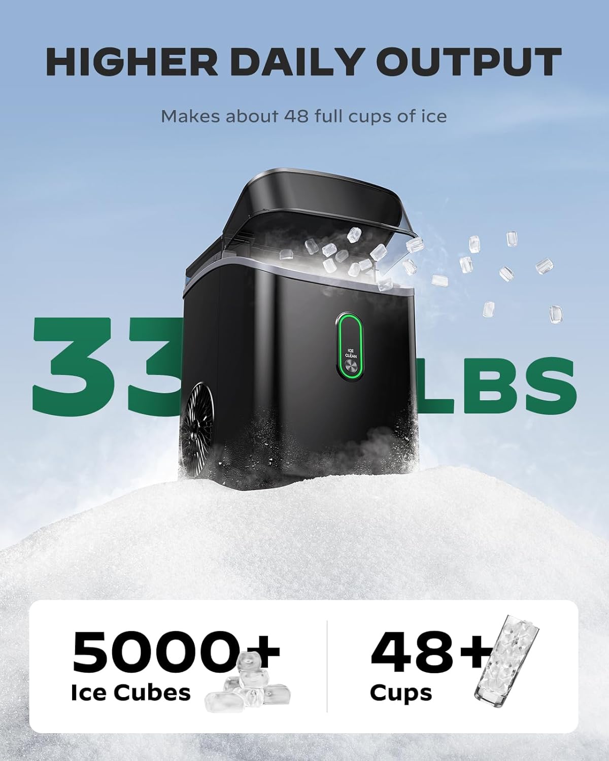 Máquina de Hielo Silonn, Hielo de Pebble, 33lbs/24H, WiFi