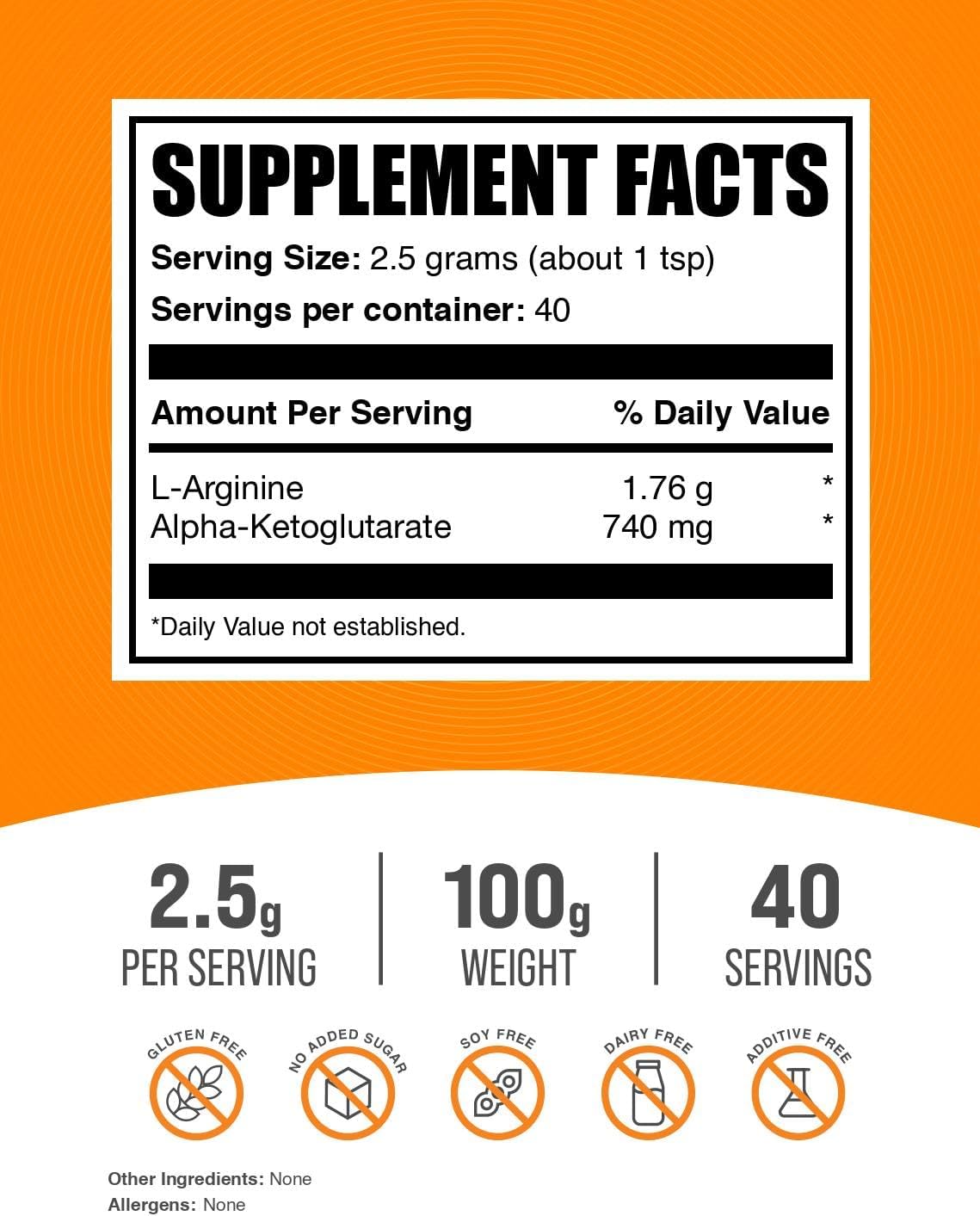 AAKG en polvo BulkSupplements - 2500mg, 100g, sin gluten