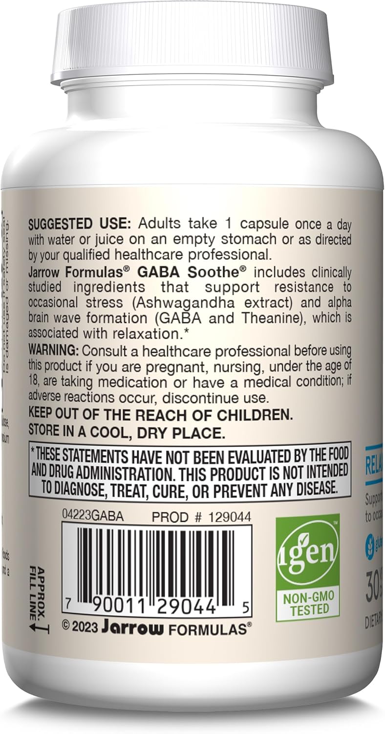 Suplemento GABA Soothe Jarrow, Relajación, 30 cápsulas veganas