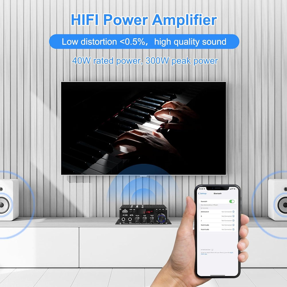 Amplificador Estéreo para Altavoces, 40W, Bluetooth 5.0, AK-390