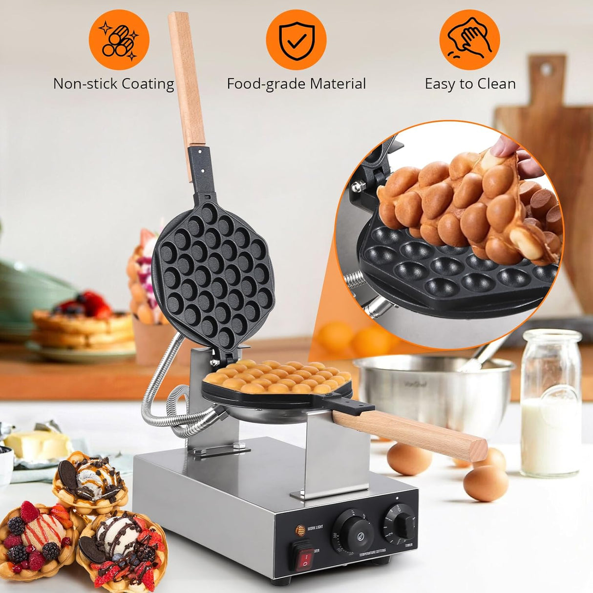 Máquina de Waffles Bubble, Eléctrica, 1400W, Doble Cara, 2023