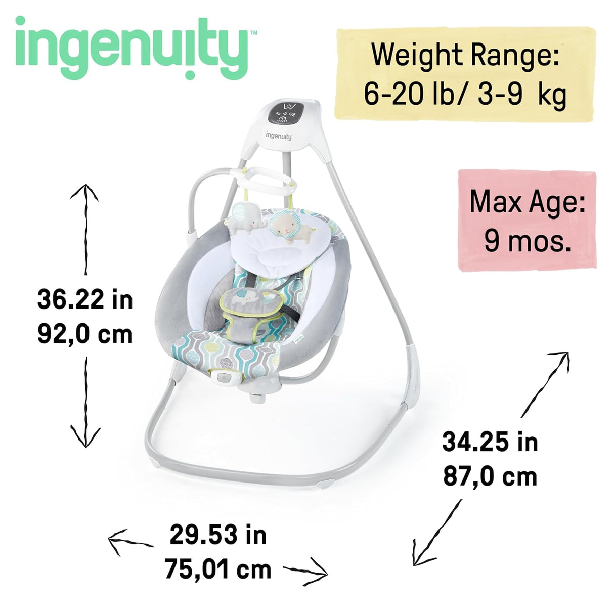 Ingenuity SimpleComfort - Columpio de bebé ligero y compacto de 6 velocidades, vibraciones y sonidos de la naturaleza, 0-9 meses, 6-20 libras (Everston)