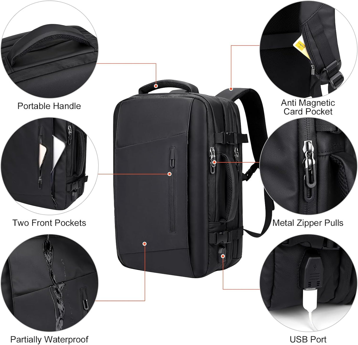 Mochila de viaje para laptop y puerto USB resistente al agua