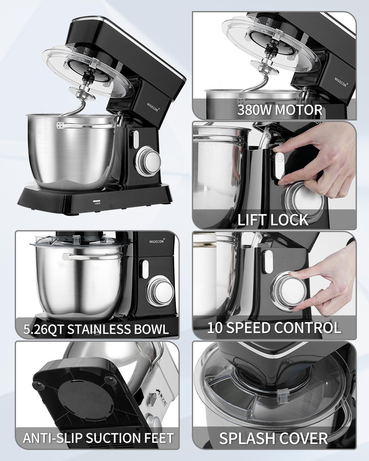 Batidora de pie MIGECON, 5.26 QT, 10 velocidades, acero inoxidable