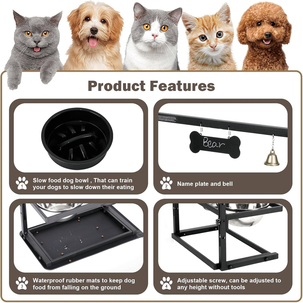 Cuencos Elevados para Perros Grandes, Ajustables, con Mat Anti-derrame.