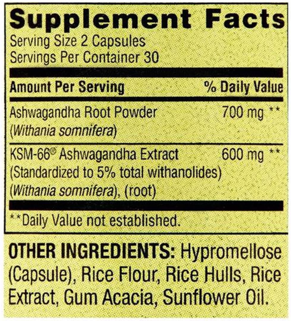 Suplemento de Ashwagandha 1300 mg, 60 Cápsulas Vegetarianas
