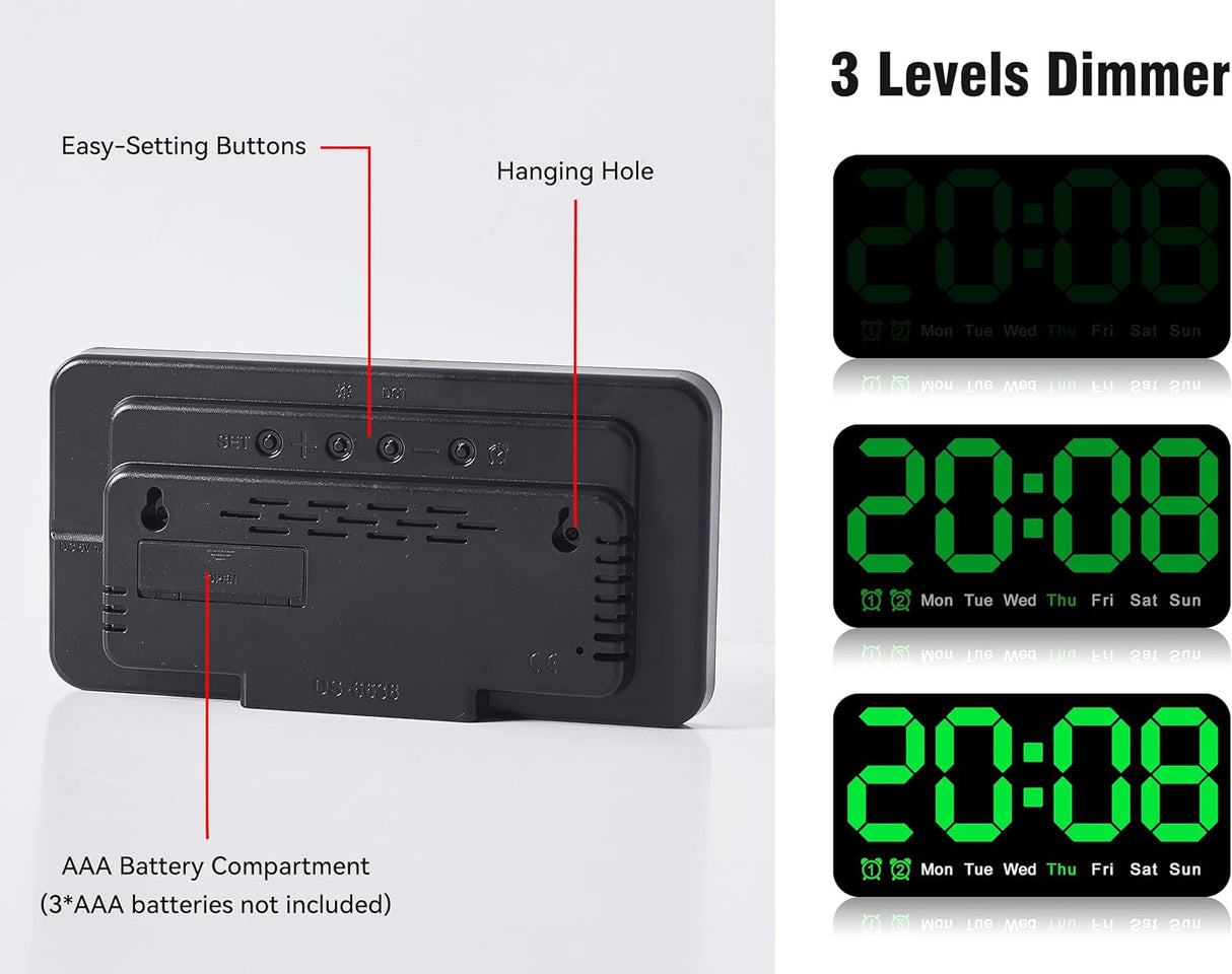 Reloj Digital Grande, 9.5 Pulgadas, Alarma Doble, Brillo Ajustable