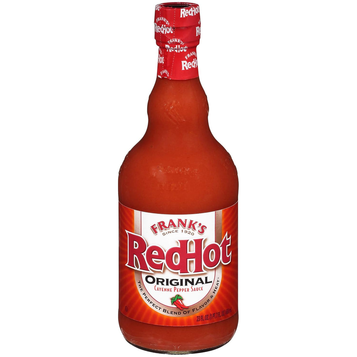 Frank's RedHot Salsa picante original, 23 onzas líquidas (paquete de 12), un paquete de 12 botellas de 23 onzas líquidas de salsa picante original de pimienta de cayena, ideal para mesa