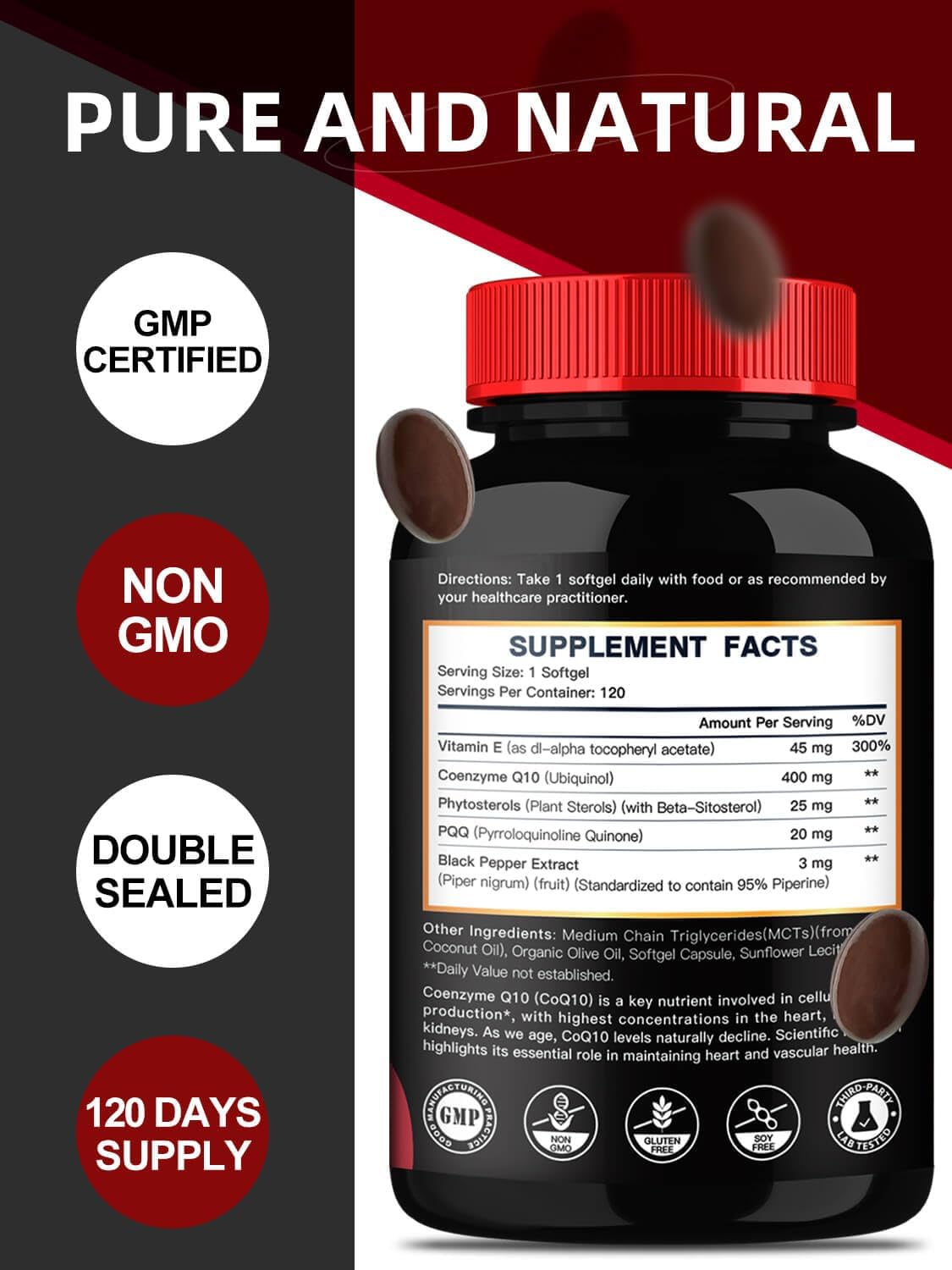 CoQ10 400mg Suplemento con Vitamina E, PQQ y Pimienta Negra