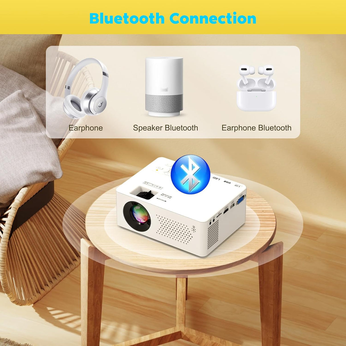 Proyector Bluetooth Mini, Full HD 1080P, Portátil y Compacto