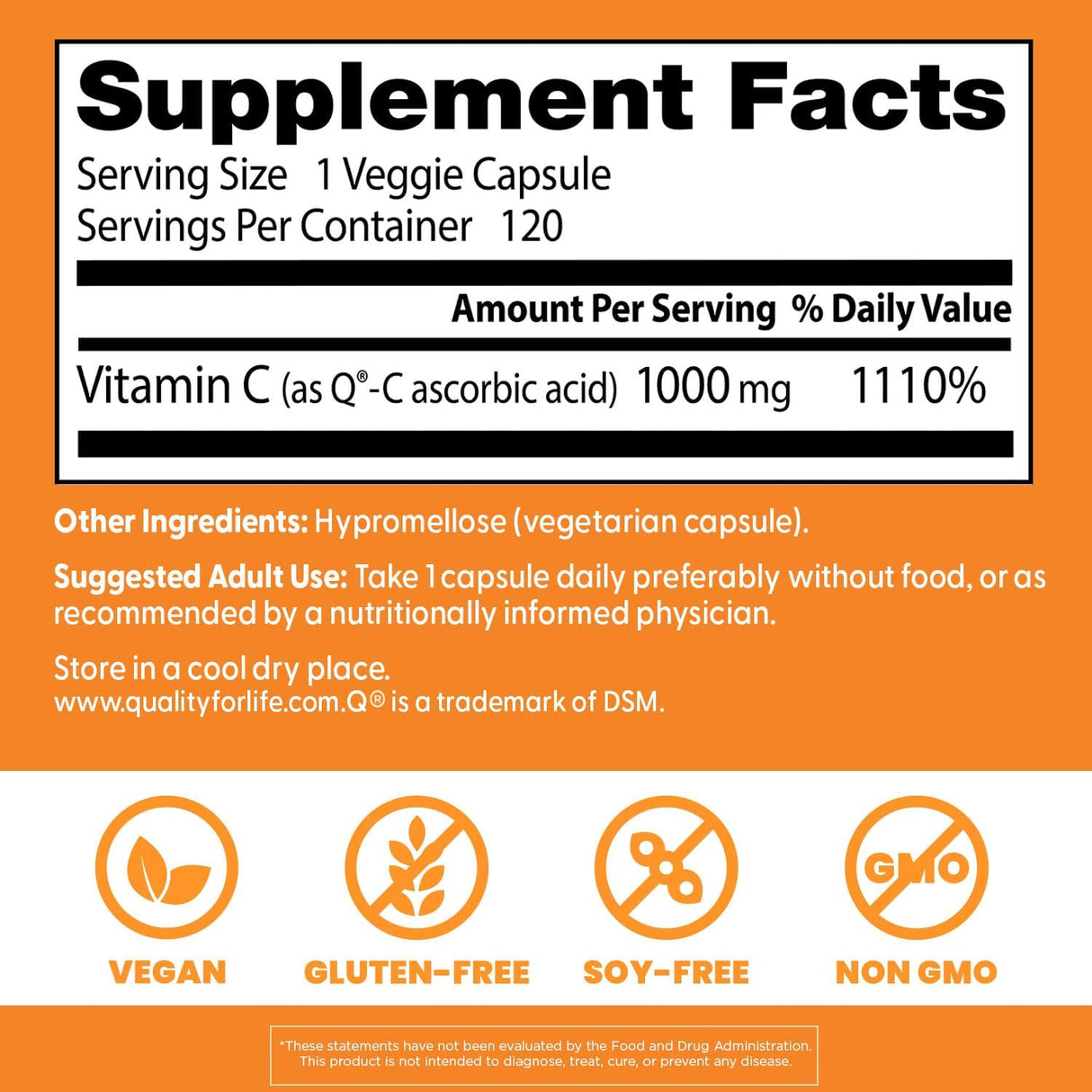 Vitamina C con Q-C Doctor's Best 1000mg Vegana, Sin Gluten (120)