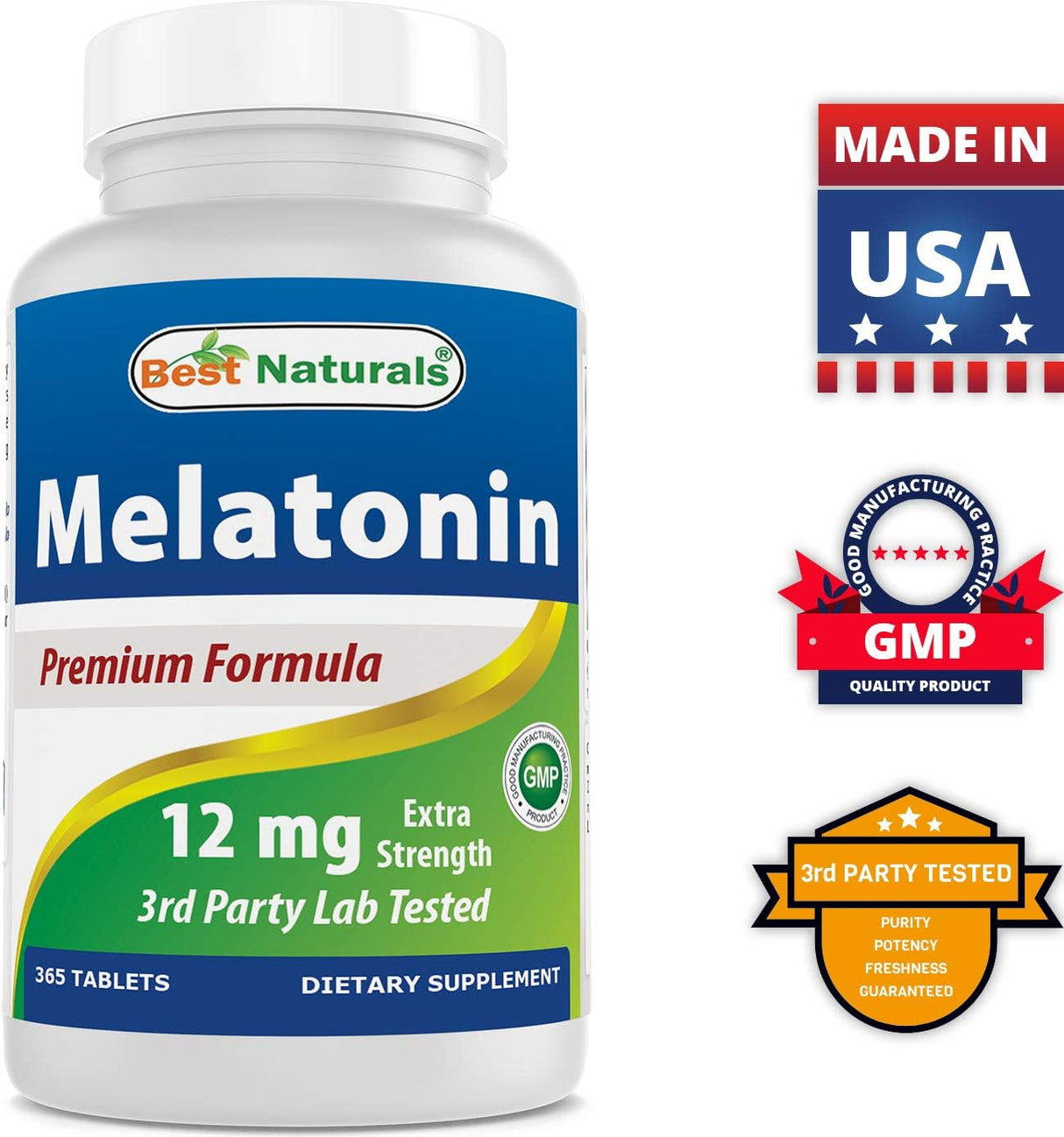 Melatonina 12 mg Best Naturals - Suplemento para dormir 365 ct