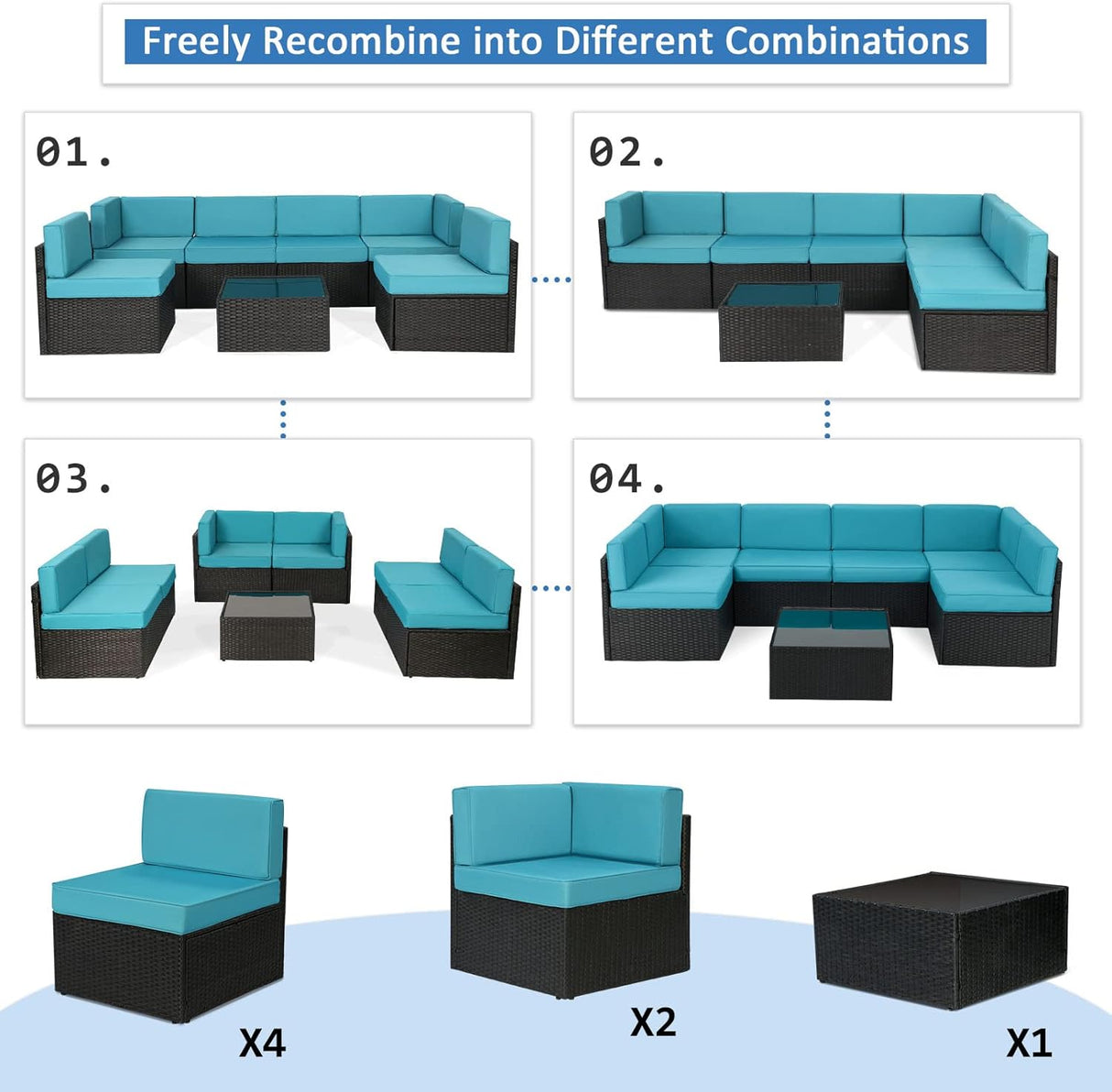 U-MAX Juego de muebles de patio de 7 piezas, juego de sofá de mimbre de ratán de polietileno negro para todo tipo de clima, juego de conversación de muebles seccionales con fundas de cojín azules y mesa auxiliar para porche, jardín, piscina