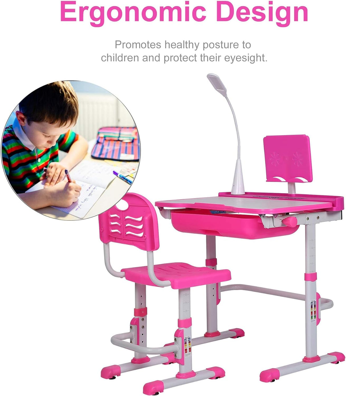 Set Escritorio y Silla Infantil Ajustable con Luz LED y Cajón