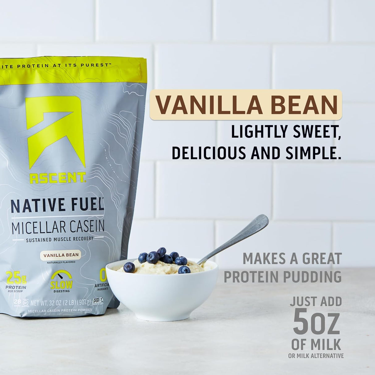 Ascent Proteína Caseína - 25g, Sin Azúcar, Sin Aditivos, Vanilla