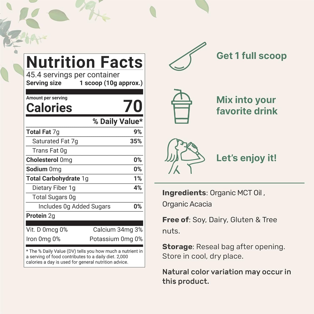 Suplemento Aceite orgánico MCT en polvo con fibra prebiótica