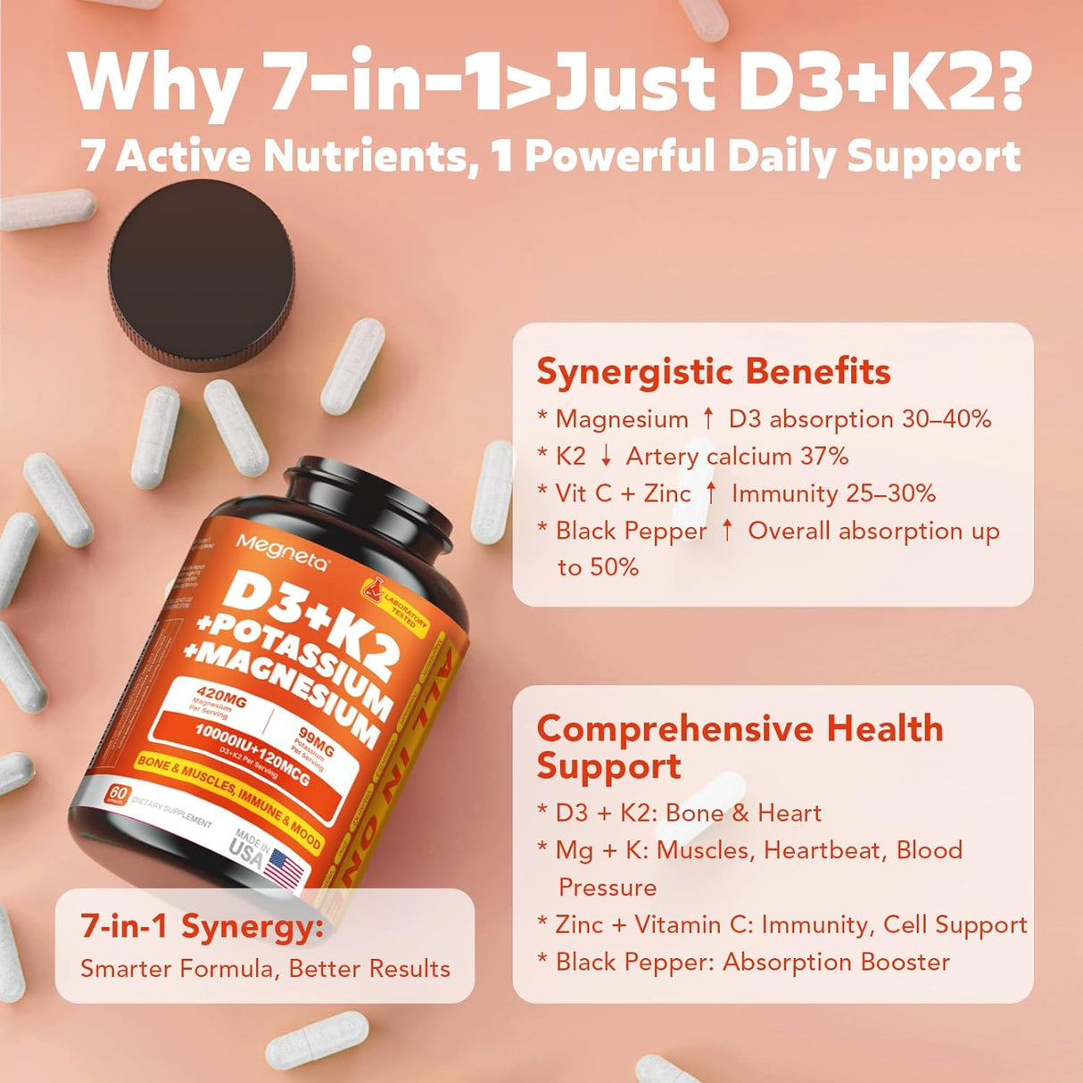 Suplemento de Vitamina D3 K2 10,000 IU con Magnesio y Potasio, 60 cápsulas
