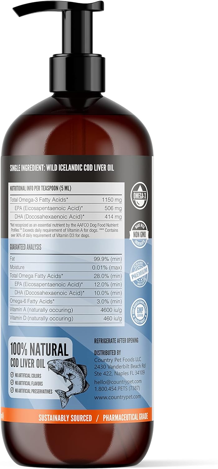 Suplementos de aceite Omega 3 con Omega 3, EPA, DHA, vitamina A, vitamina D, aceite de hígado de bacalao puro que apoya la picazón en la piel, la movilidad, la piel y el pelaje