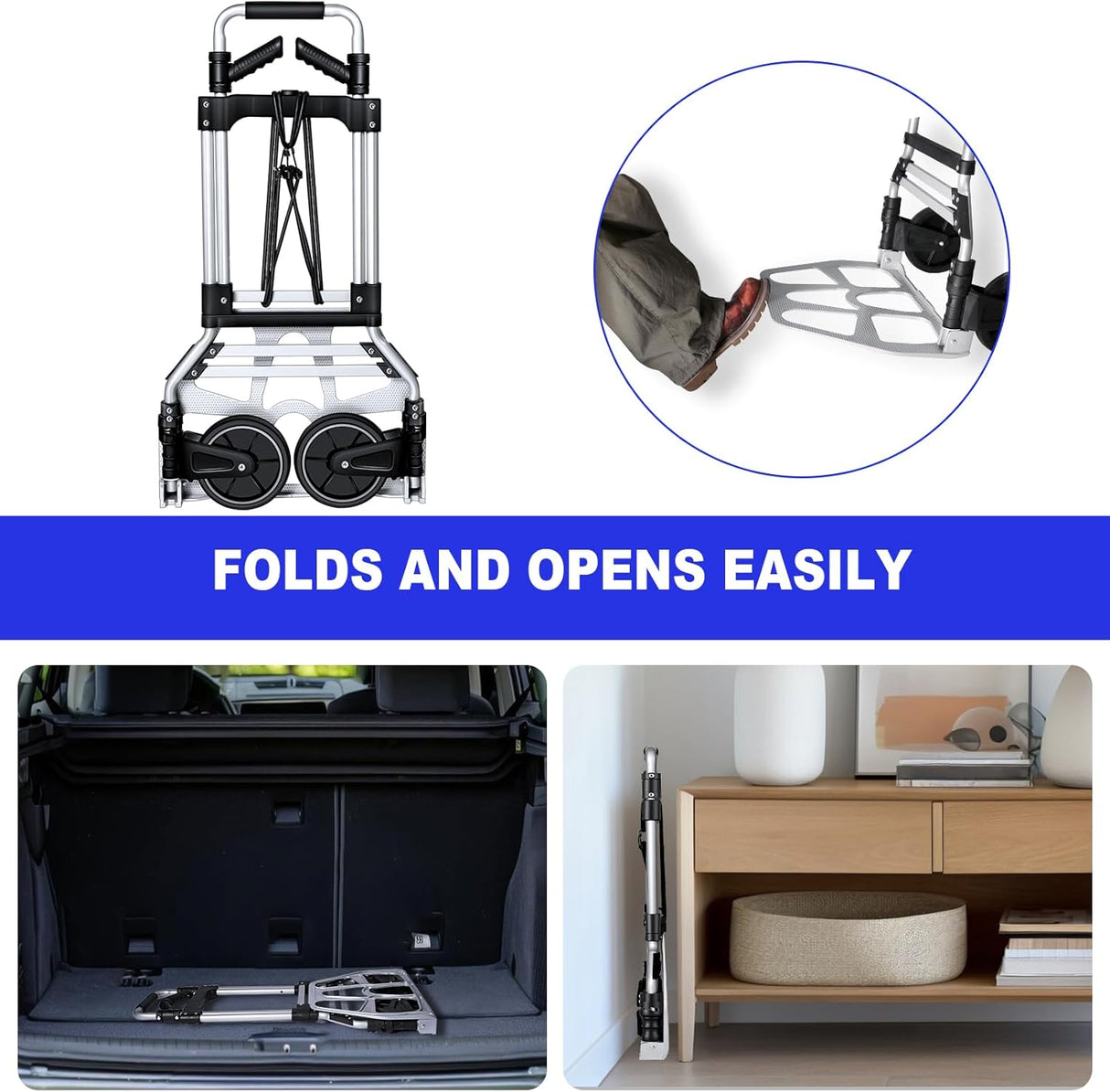 Carretilla Plegable de Aluminio, Carga 300 lbs, con Cordón Bungee