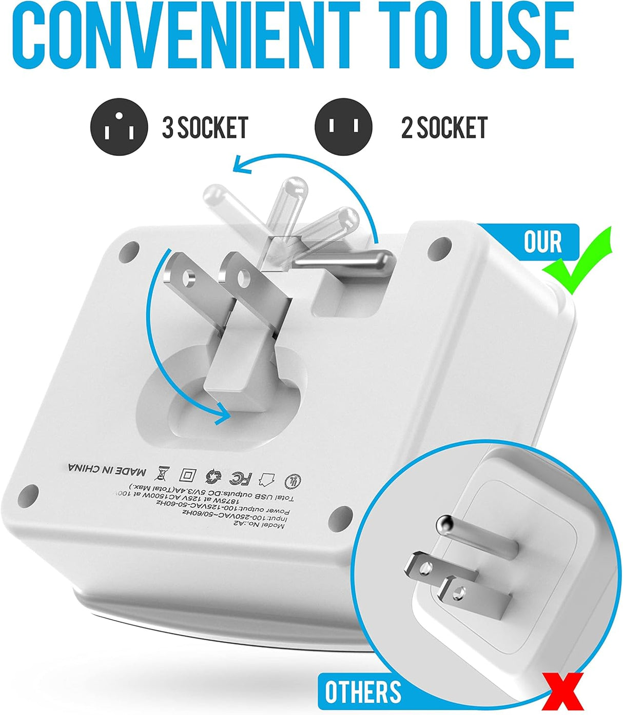 Regleta de alimentación plegable sin sobretensiones con USBC