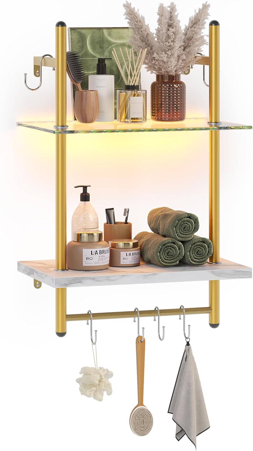 Estantes Flotantes LED Bestier, 2 Niveles con Barra y Ganchos