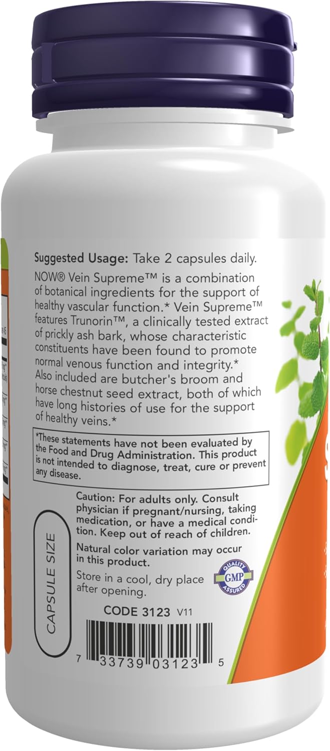 Suplementos Vein Supreme™ de NOW Foods, 90 Veg Caps, Apoyo Circulatorio