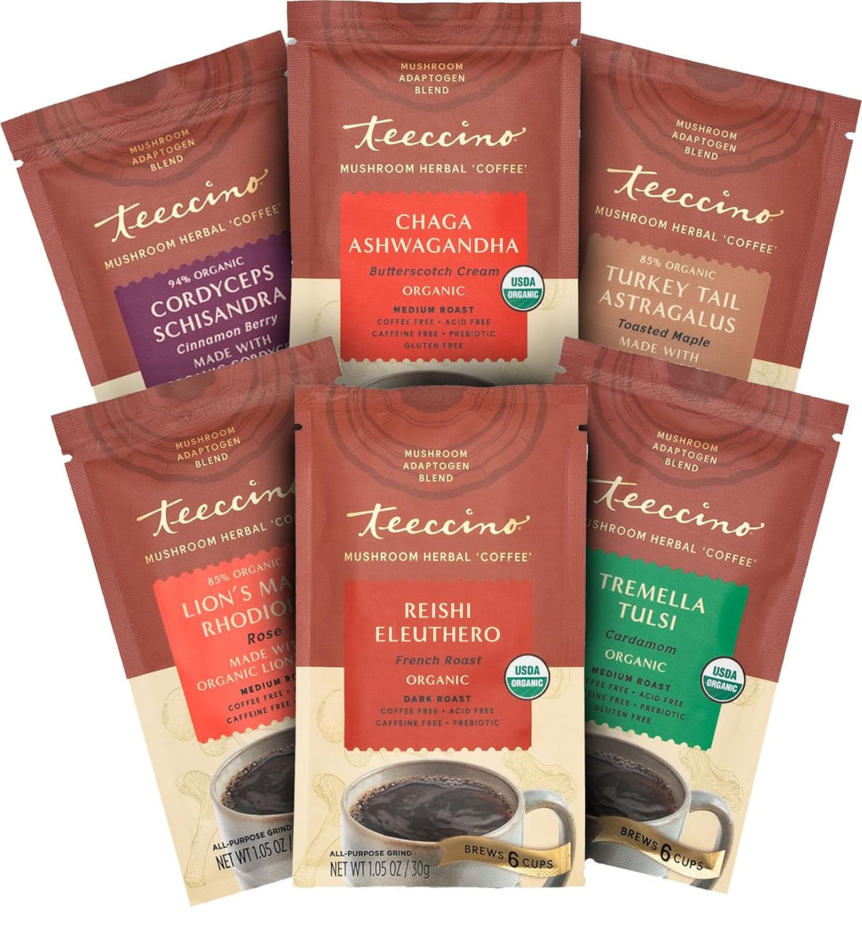 Teeccino Sampler de café de hierbas adaptógeno de hongos - 6 paquetes de tamaño de prueba - Chaga Ashwaganda, Reishi Eleuthero, Tremella Tulsi, Cordyceps Schisandra, astrágalo de cola de pavo y