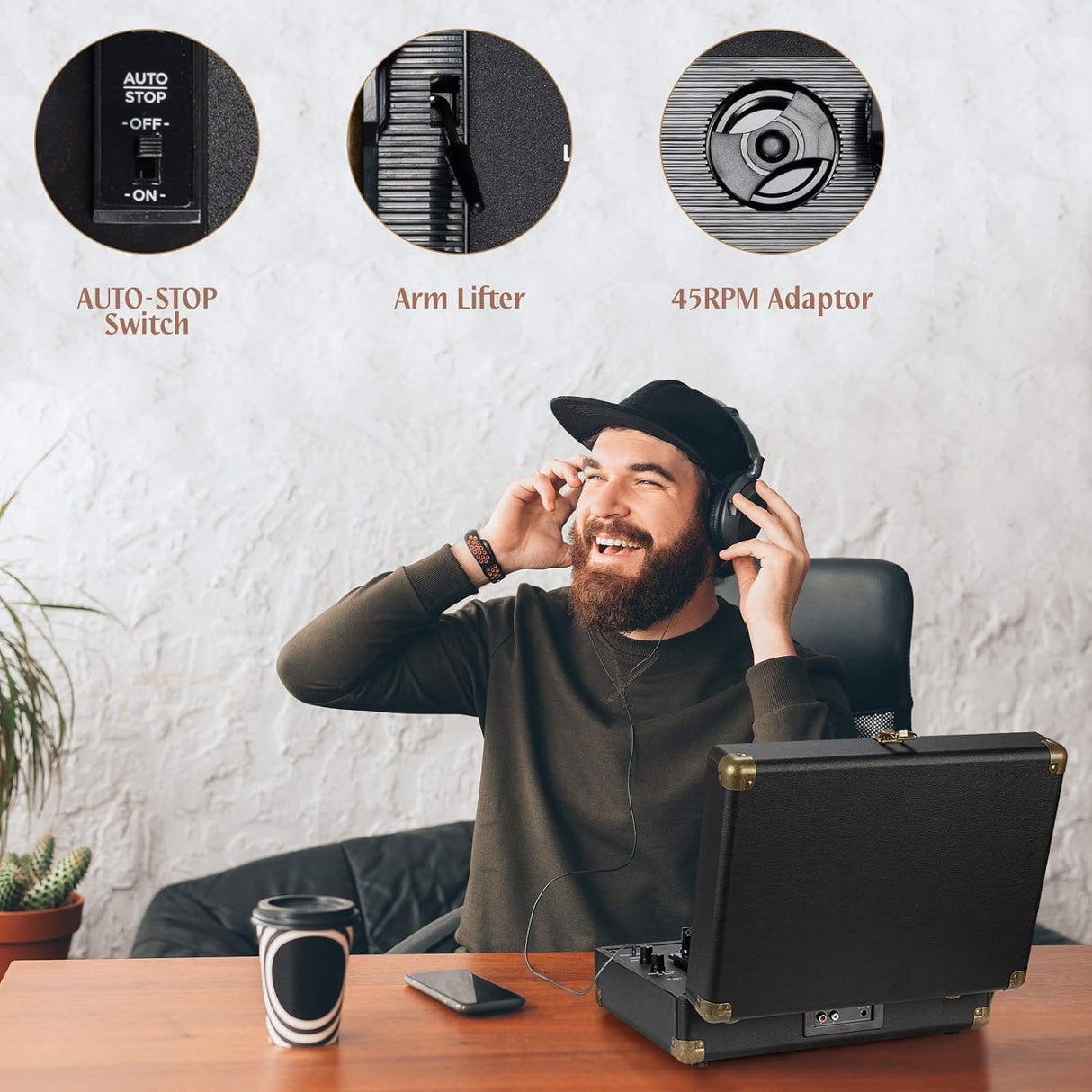 Reproductor de Vinilo Bluetooth Portátil con Altavoces Integrados