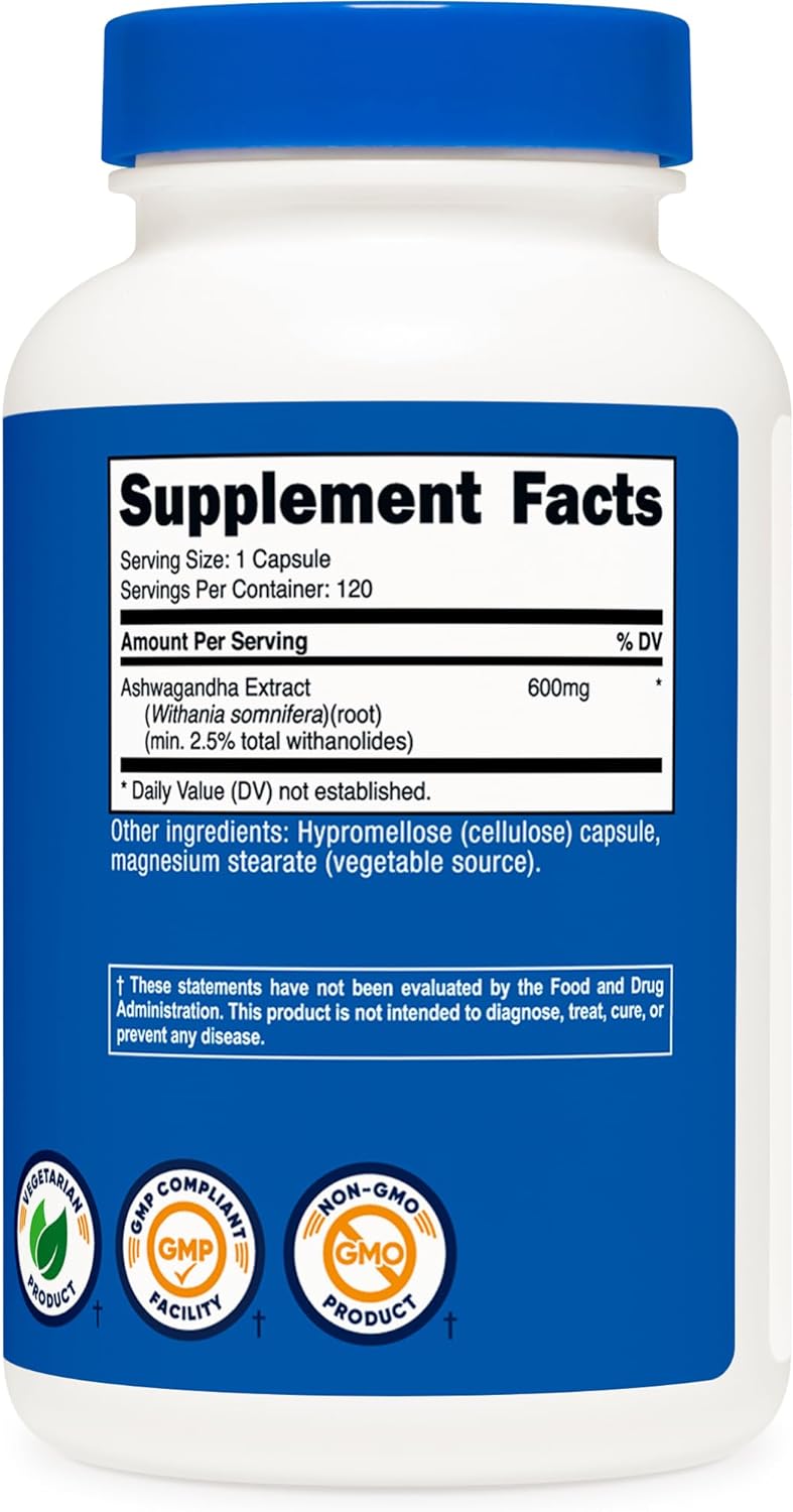 Suplemento de Ashwagandha 600 mg Vegetariano Sin OMG