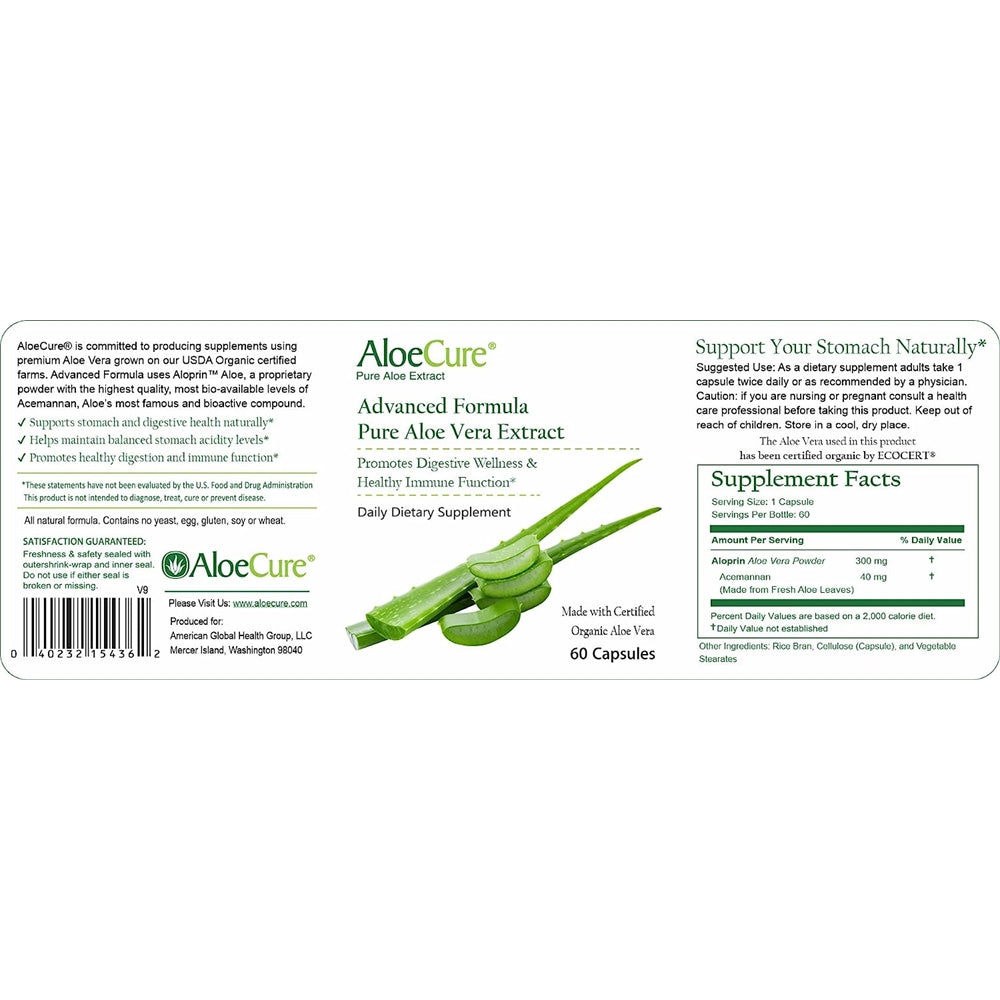 Suplementos orgánicas de aloe vera 60 cápsulas 130,000 mg