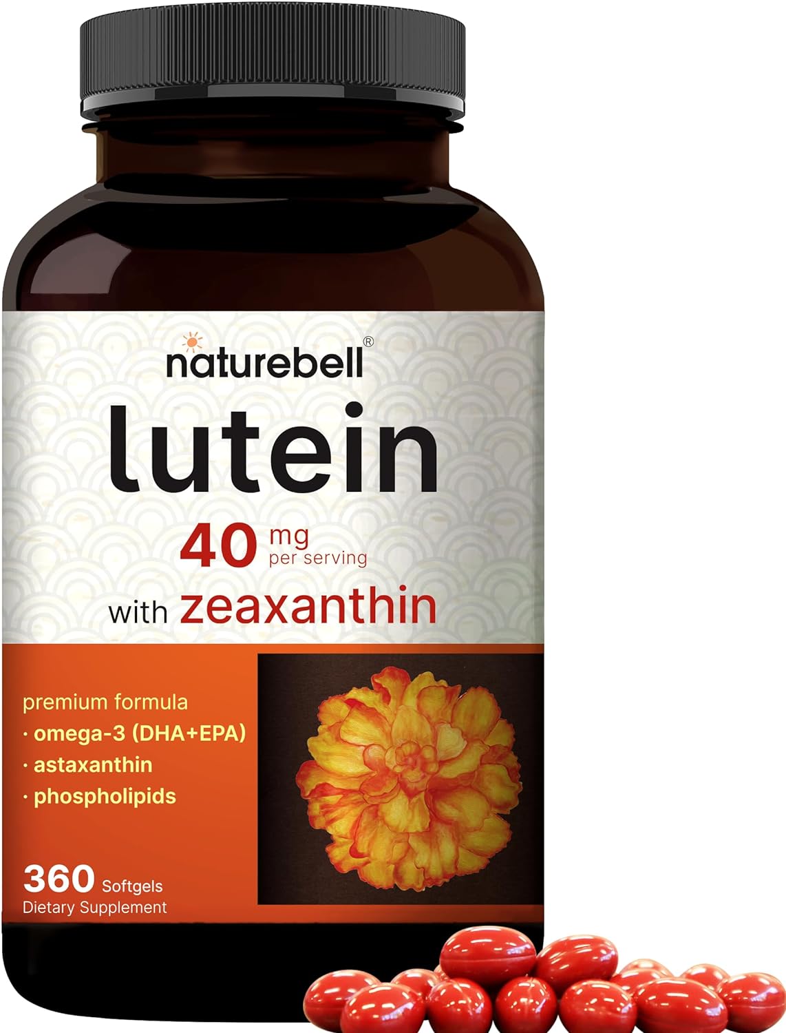 Luteína 40 mg y zeaxantina 1,600 mcg por porción, 360 cápsulas blandas | 4 en 1 con omega-3, astaxantina y fosfolípidos - Extracto de flor de caléndula - Vitaminas antioxidantes para los ojos - Sin