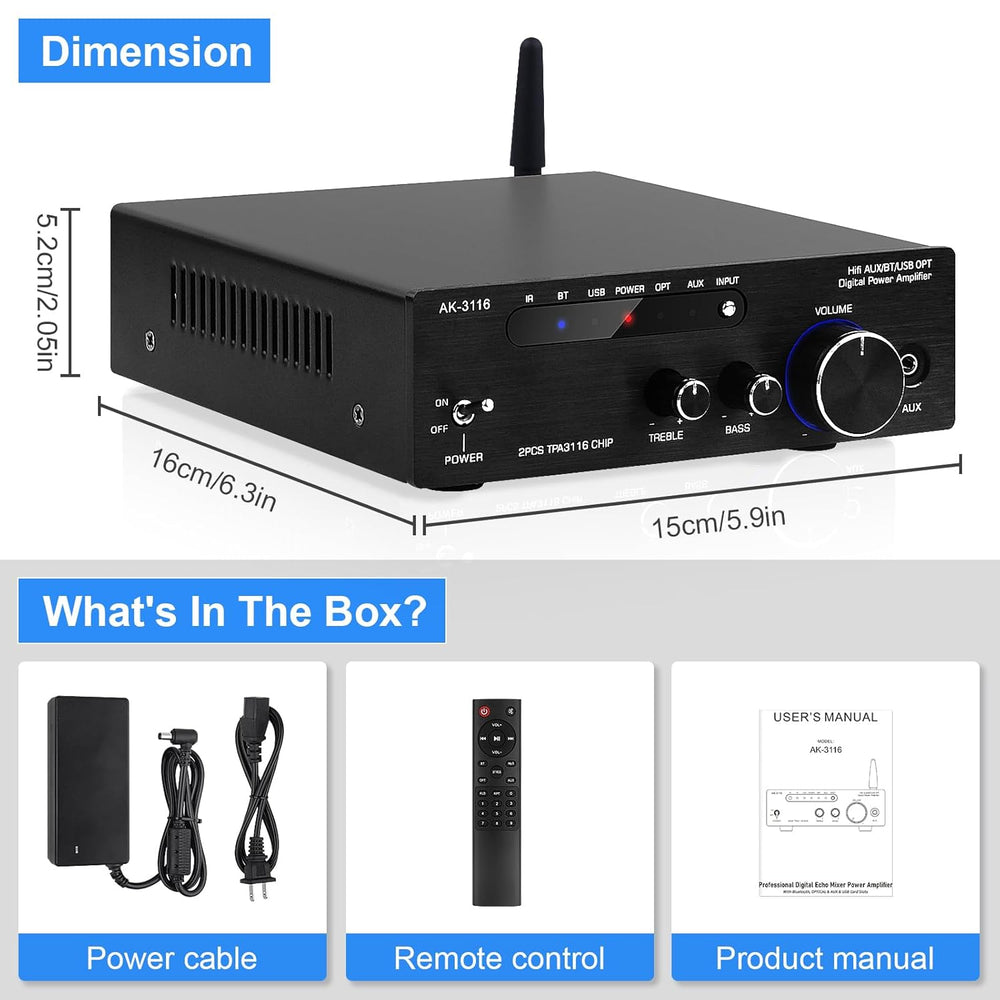 Amplificador de Audio HiFi 2.0, Bluetooth 5.3, AK-3116