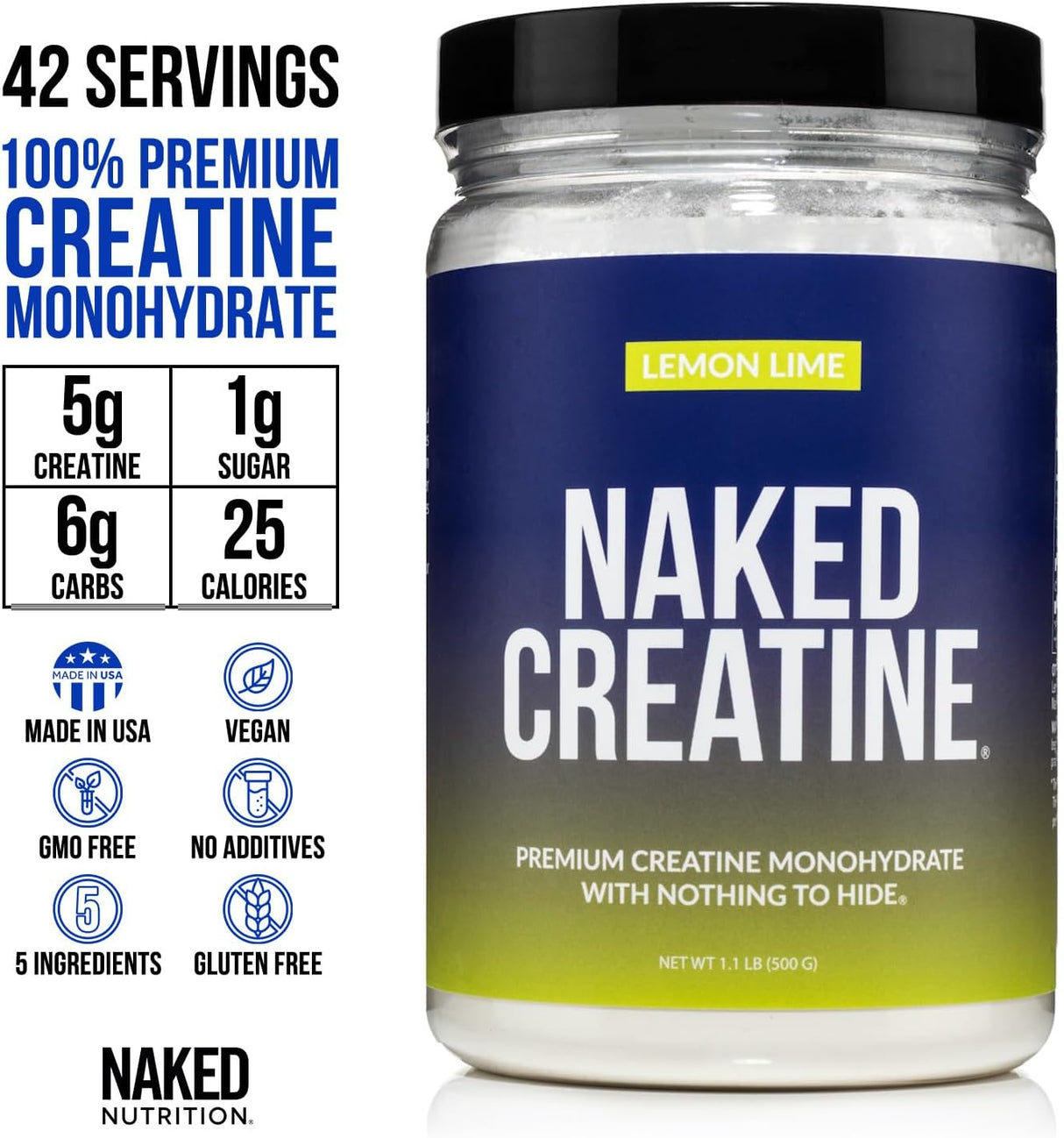 Creatina Monohidratada Naked Pure, 500g, Vegano, Sin GMO