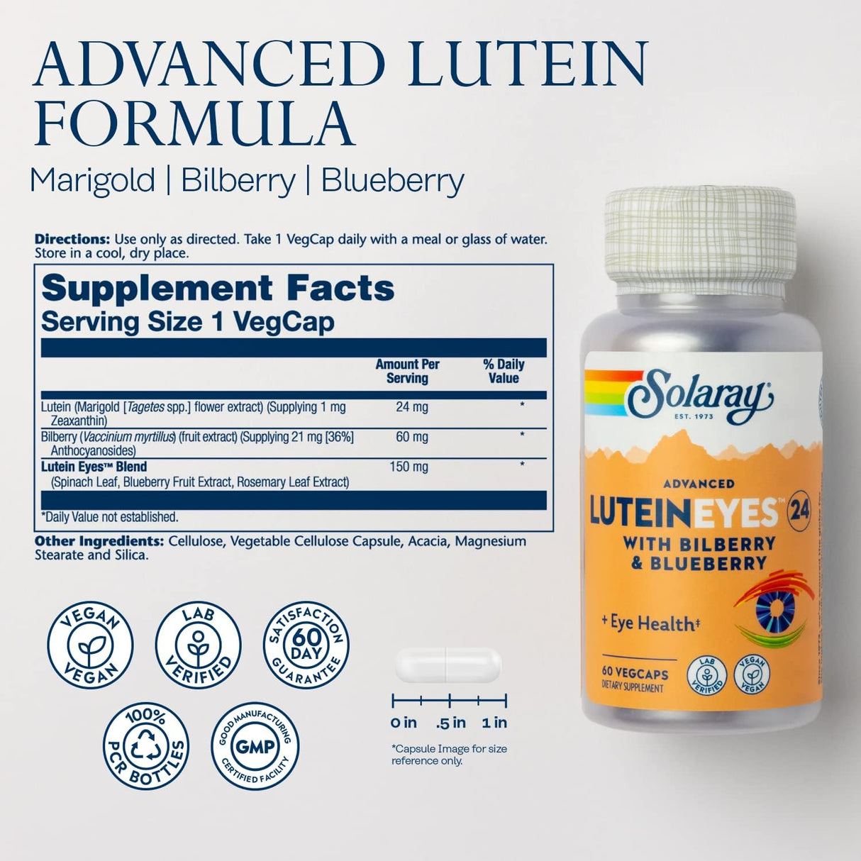 SOLARAY Advanced Lutein Eyes 24 mg - Suplementos de luteína y zeaxantina - Apoyo a la salud ocular con extracto de arándano y arándano - Vegano, garantía de 60 días, verificado en laboratorio, 60