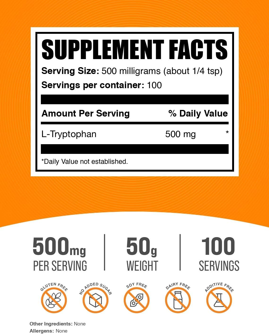 L-Tryptófano en Polvo 500mg - BulkSupplements, 50g (1.8 oz)